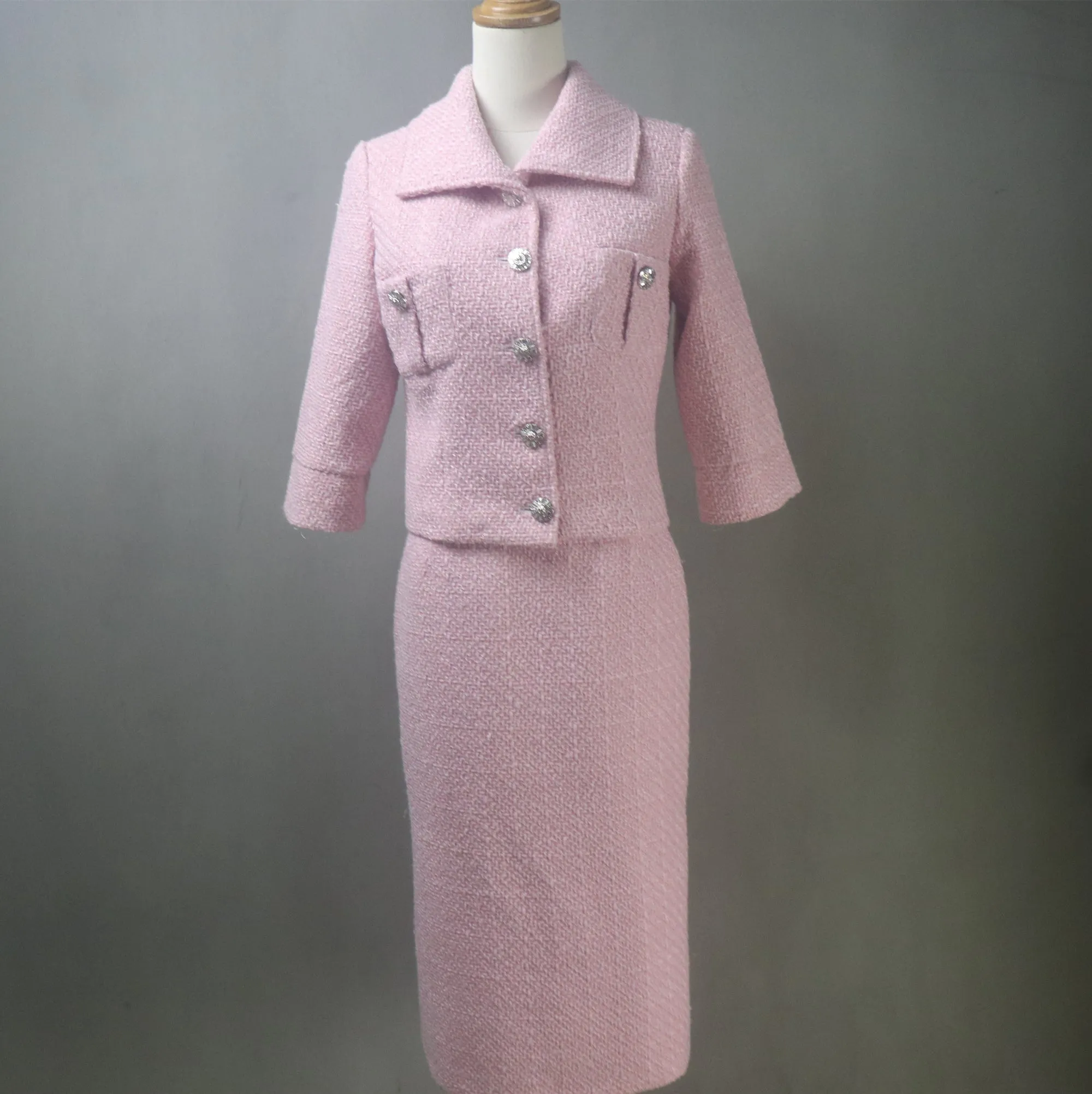 Women Pink Tweed Skirt Suit with Crop Sleeves