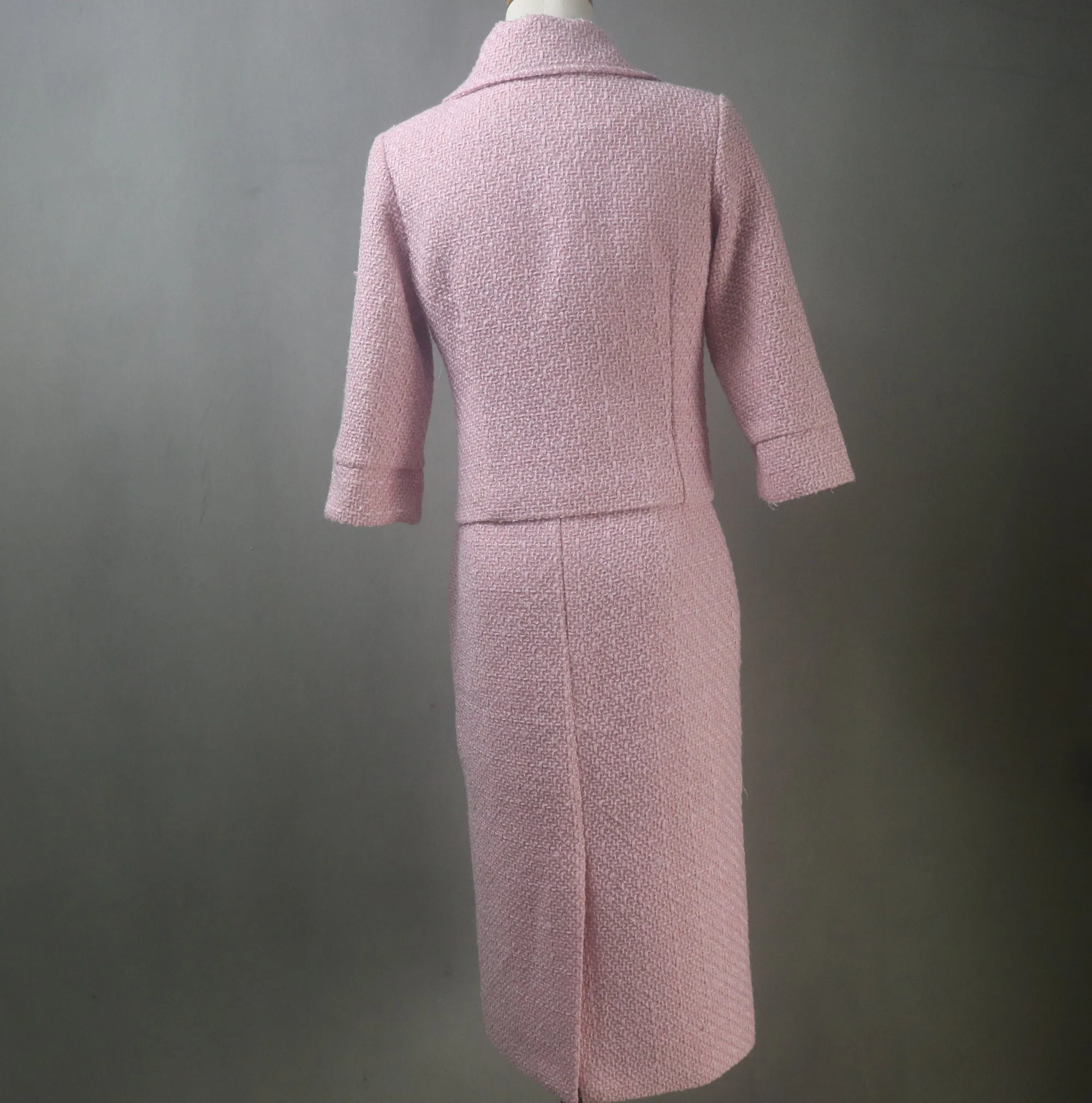 Women Pink Tweed Skirt Suit with Crop Sleeves