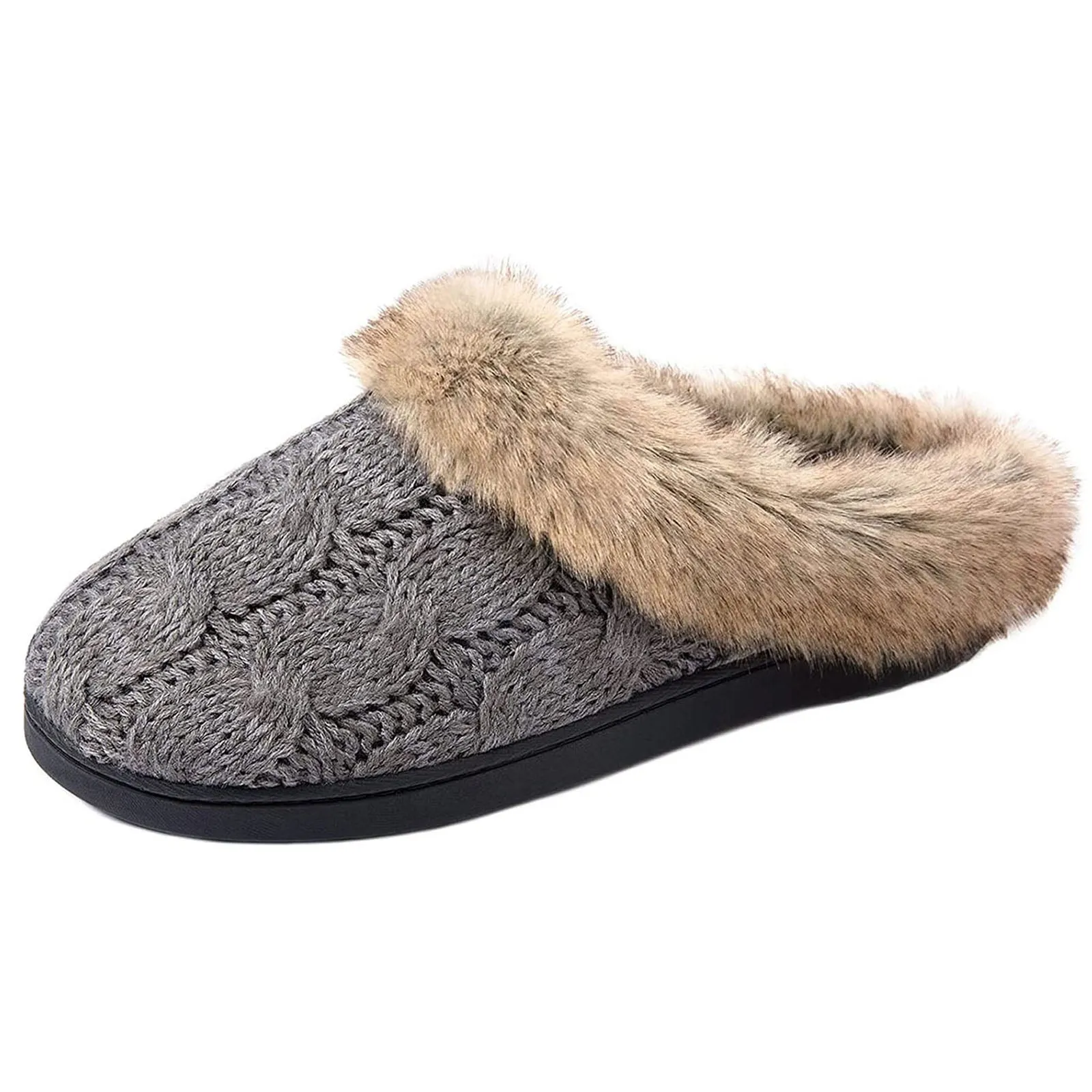 Women's Cable Knit Faux Fur Collar Slipper