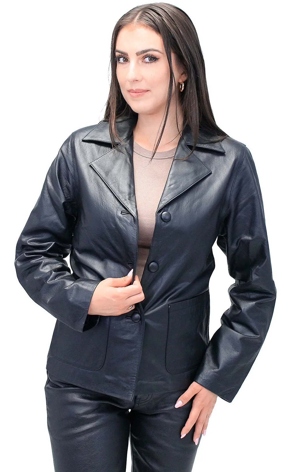 Women's Genuine Lambskin Leather Pocket Blazer Coat #L2491PPK ()