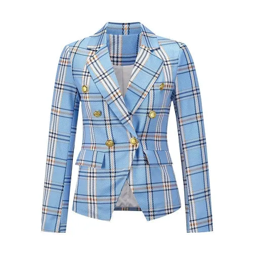 Women's Lapel Double Breasted Plaid Work Formal Blazer Jacket