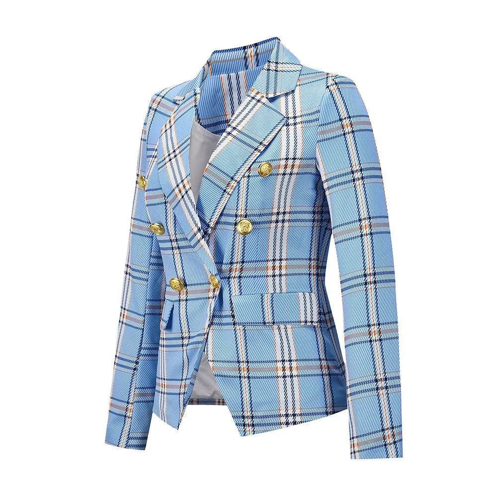 Women's Lapel Double Breasted Plaid Work Formal Blazer Jacket