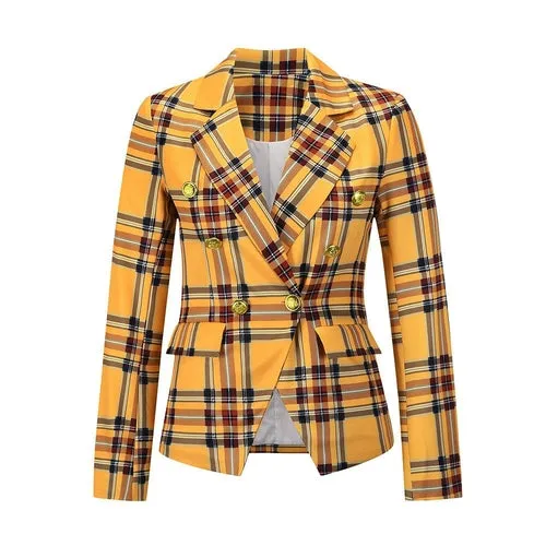 Women's Lapel Double Breasted Plaid Work Formal Blazer Jacket