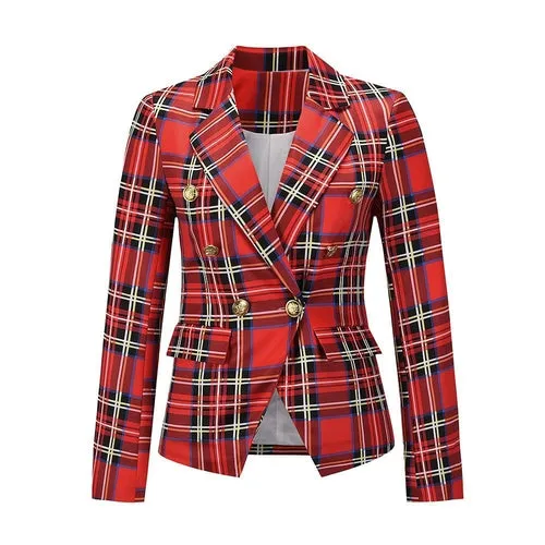 Women's Lapel Double Breasted Plaid Work Formal Blazer Jacket