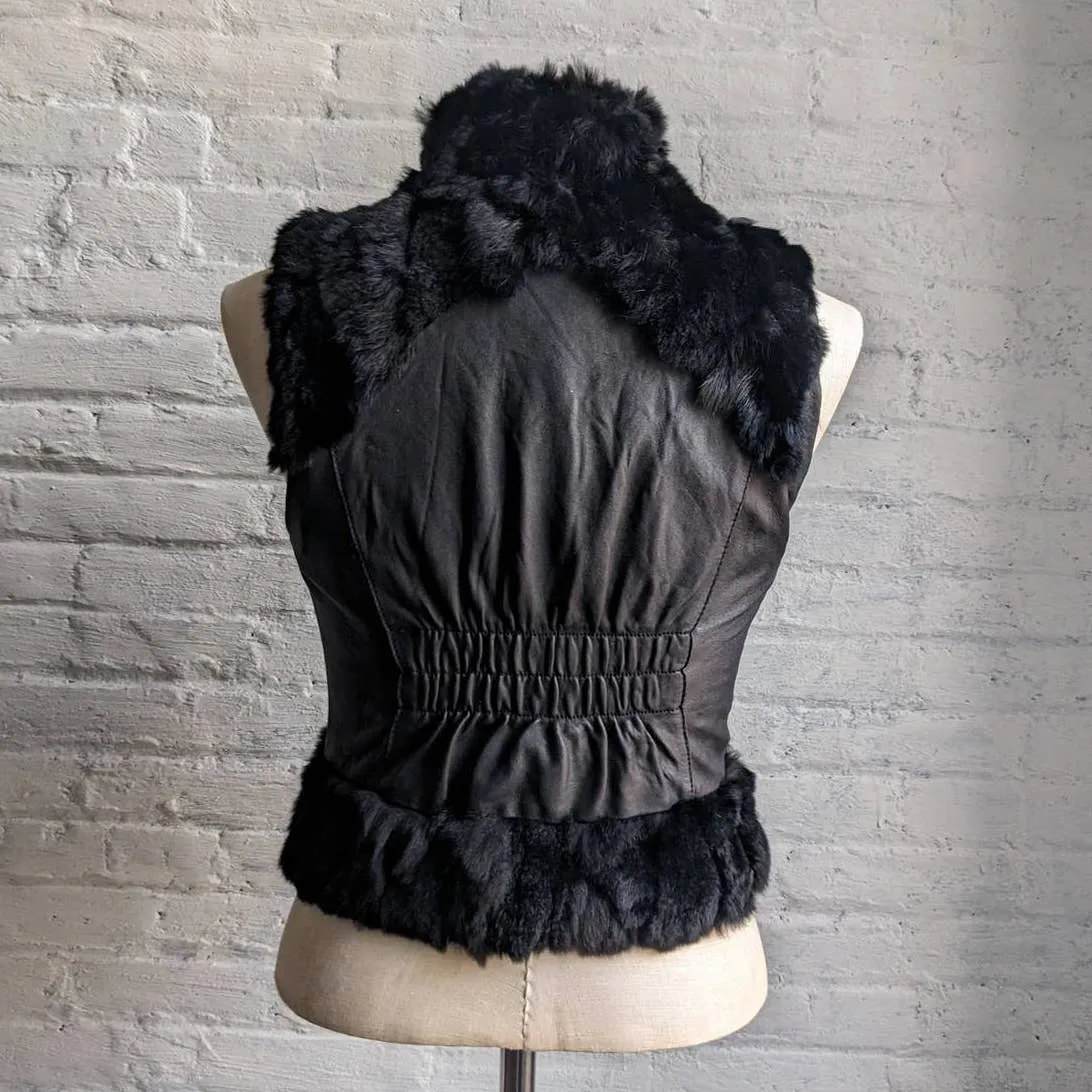 Y2K Vintage Black Genuine Leather Fur Biker Vest Furry Crop Goth Moto Grunge Top