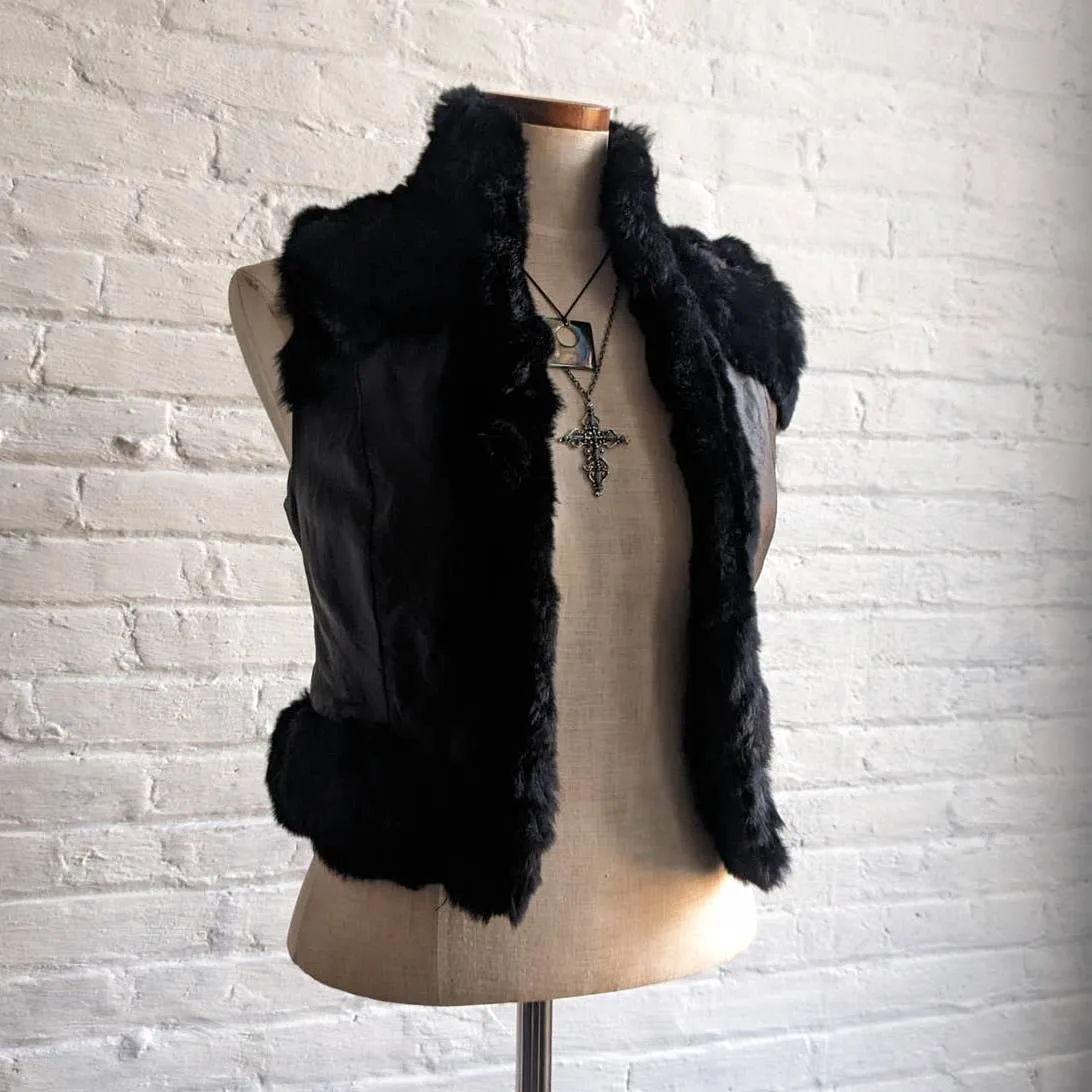 Y2K Vintage Black Genuine Leather Fur Biker Vest Furry Crop Goth Moto Grunge Top