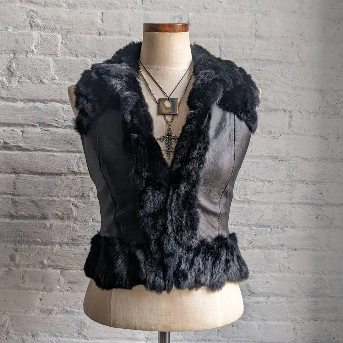 Y2K Vintage Black Genuine Leather Fur Biker Vest Furry Crop Goth Moto Grunge Top