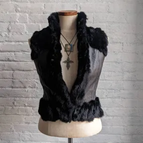 Y2K Vintage Black Genuine Leather Fur Biker Vest Furry Crop Goth Moto Grunge Top