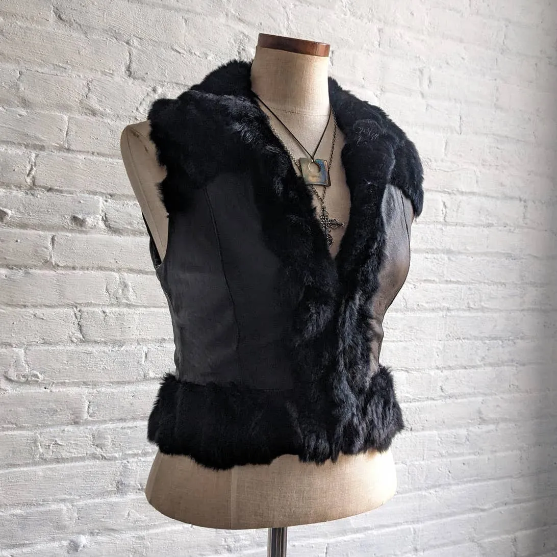 Y2K Vintage Black Genuine Leather Fur Biker Vest Furry Crop Goth Moto Grunge Top